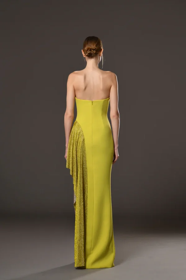 LIME YELLOW CRÊPE DRESS WITH RHINESTONES CHAINMAIL ON SIDE SLIT - Image 3