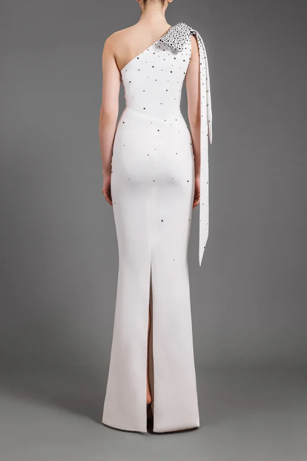 ONE-SHOULDER WHITE CRÊPE DRESS EMBROIDERED WITH BLACK CRYSTALS AND BOW DETAIL - Image 3