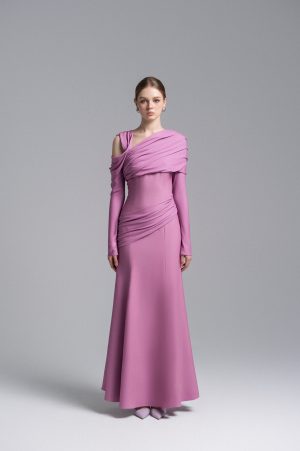 LILAC TWISTED SHOULDER MIDI DRESS