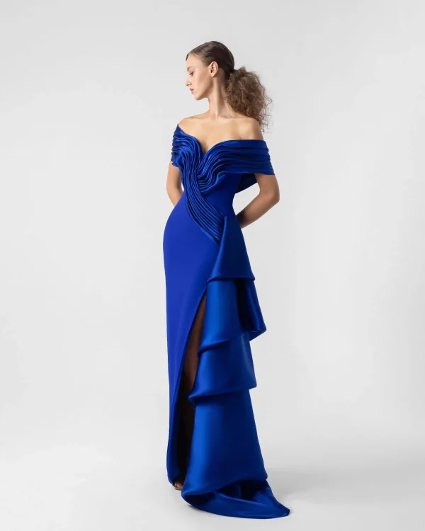 ELEGANT CASCADING DRAPED ORGANZA AND OFF-SHOULDER DRESS - Image 4