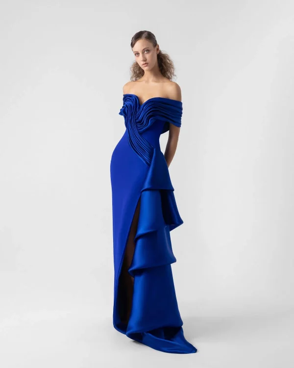 ELEGANT CASCADING DRAPED ORGANZA AND OFF-SHOULDER DRESS - Image 3