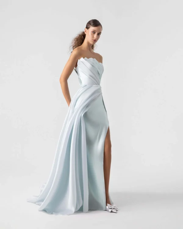 ETHEREAL METALLIC MINT GOWN WITH ASYMMETRICAL BODICE FOLDS - Image 4