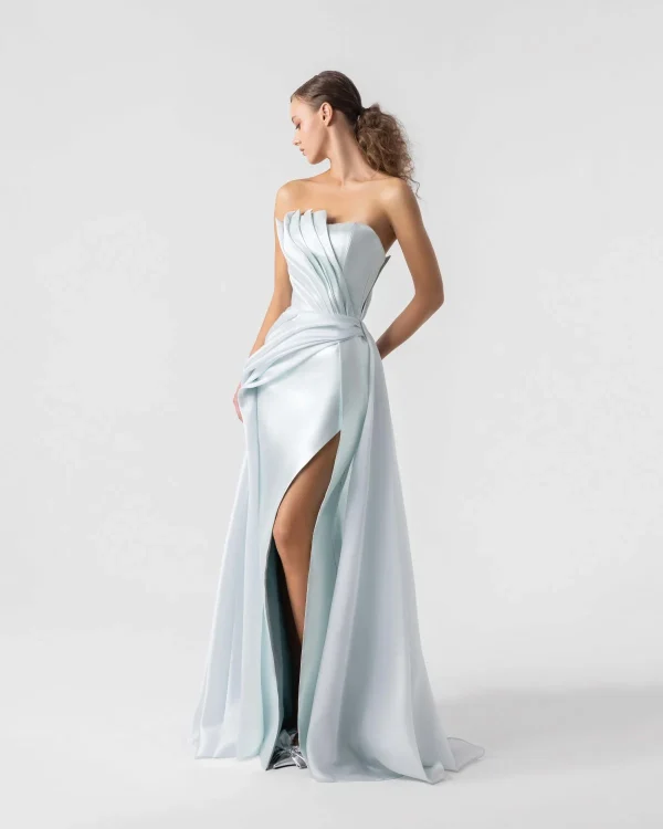 ETHEREAL METALLIC MINT GOWN WITH ASYMMETRICAL BODICE FOLDS - Image 3