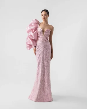 IMPOSING SLEEVE, PLUNGING V BLOSSOM PINK EVENING GOWN