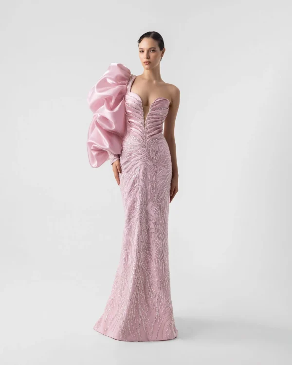 IMPOSING SLEEVE, PLUNGING V BLOSSOM PINK EVENING GOWN