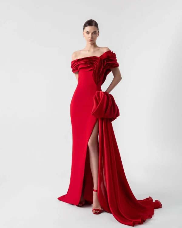 SCARLET RED OFF-THE-SHOULDER GOWN WITH ORGANZA AND CREPE INSERTS - Image 2