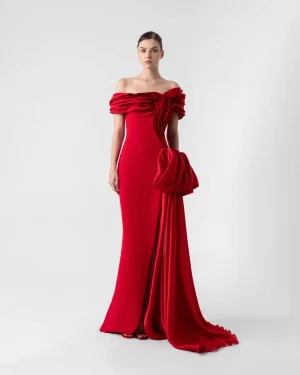 SCARLET RED OFF-THE-SHOULDER GOWN WITH ORGANZA AND CREPE INSERTS