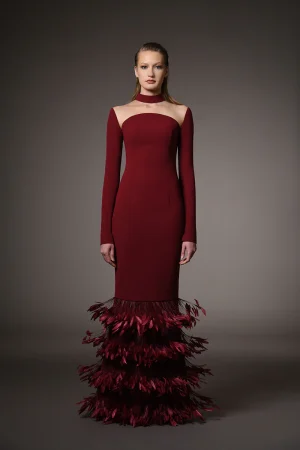 BURGUNDY CRÉPE DRESS WITH FEATHERS ON THE HEM