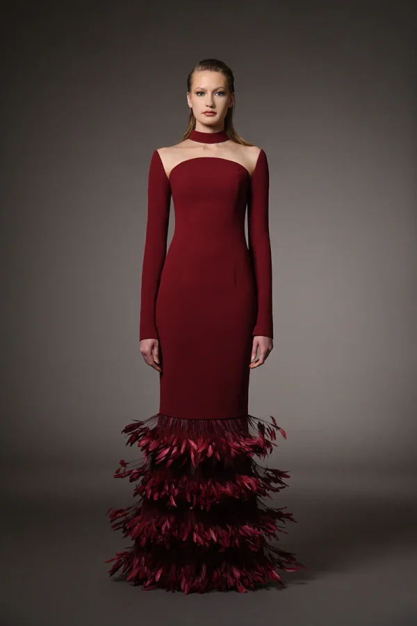 BURGUNDY CRÉPE DRESS WITH FEATHERS ON THE HEM