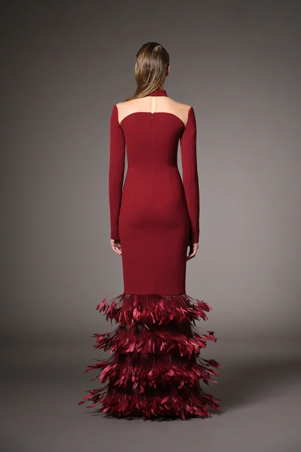 BURGUNDY CRÉPE DRESS WITH FEATHERS ON THE HEM - Image 3