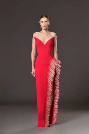 RED CRÊPE DRESS WITH THREAD EMBROIDERED DAISY PETALS ON SIDE SLIT