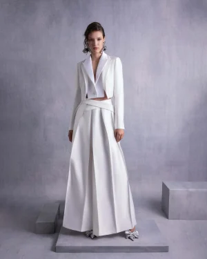 WIDE-LEG PIQUE PANTS WITH PLEATED FRONT DETAILING