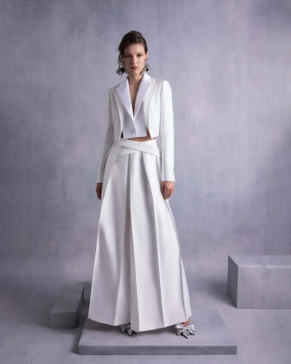 WIDE-LEG PIQUE PANTS WITH PLEATED FRONT DETAILING