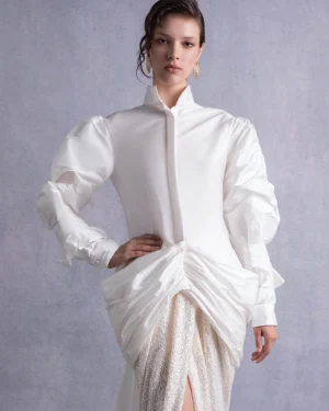 OPEN-BACK SWEEPING TRAIN TAFETTA BLOUSE