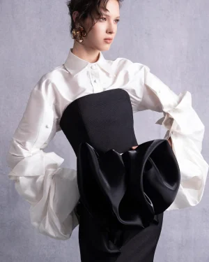 EXAGGERATED SLEEVES OFF-WHITE TAFETTA BLOUSE
