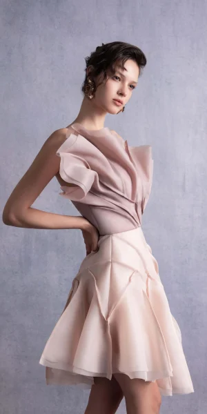 Alternative view of ASYMMETRICAL LAYERED NUDE COFFEE ORGANZA TOP