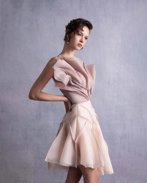 ASYMMETRICAL LAYERED NUDE COFFEE ORGANZA TOP - Image 2