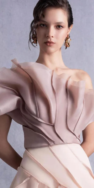 ASYMMETRICAL LAYERED NUDE COFFEE ORGANZA TOP