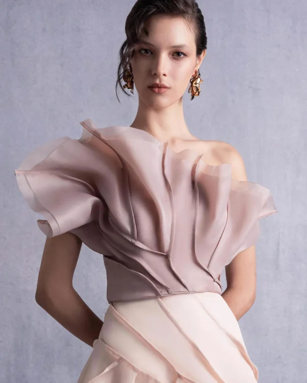 ASYMMETRICAL LAYERED NUDE COFFEE ORGANZA TOP