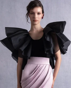EXAGGERATED SHOULDER BLACK LAYERED ORGANZA RUFFLE TOP