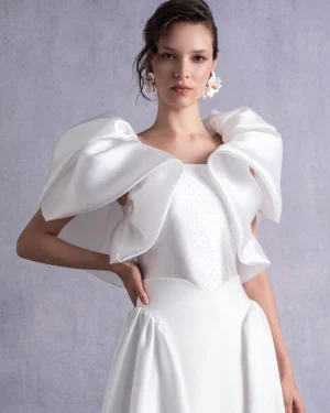 CRYSTAL-DOTTED JERSY BODY WITH PETAL-LIKE ORGANZA SHOULDERS