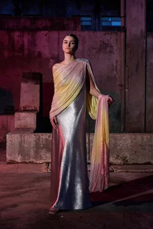 DRAPED CHIFFON SEQUIN GOWN