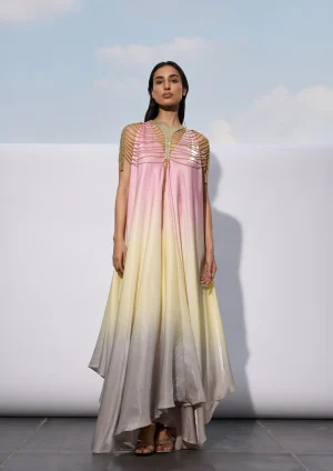 OMBRE SATIN DRESS WITH FRINGES