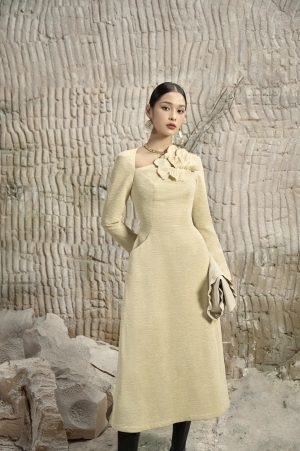Floral 3D Diagonal Neck Dress - Image 6