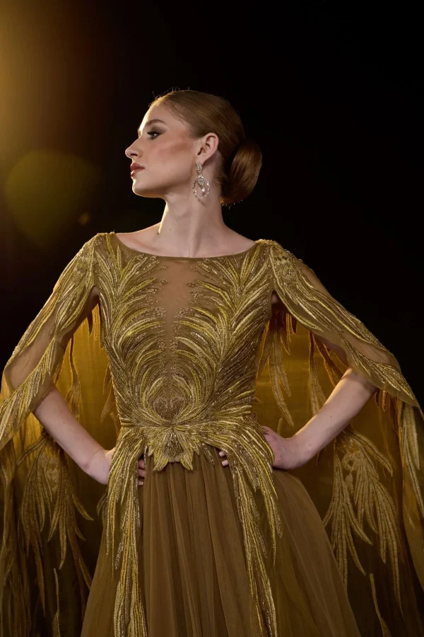 GOLDEN-BRONZE EMBROIDERED GOWN WITH ELEGANT, FLOWING CAPE SLEEVES - Image 2
