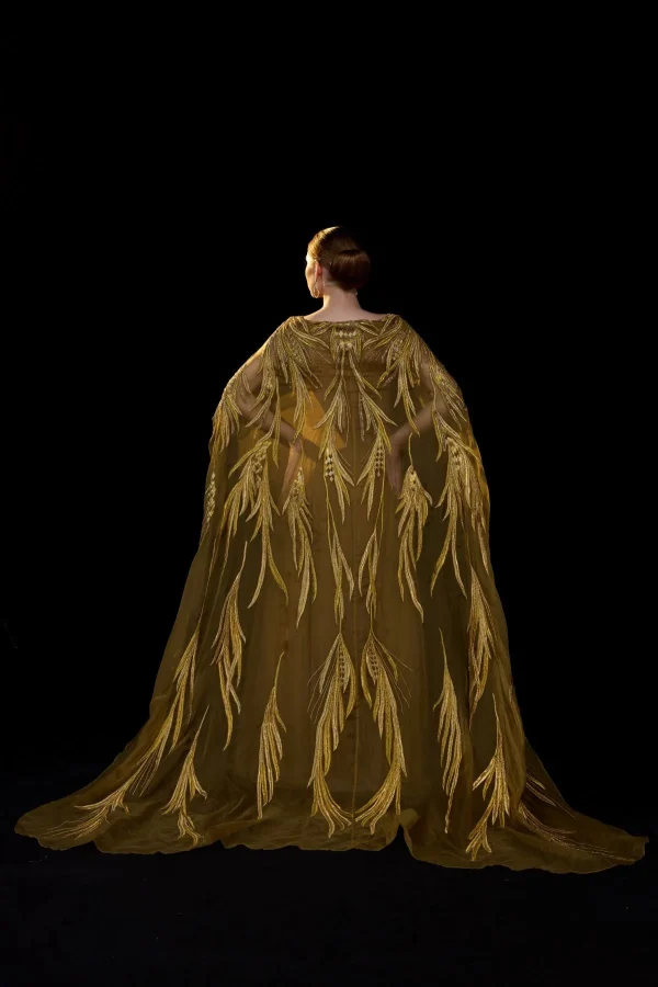 GOLDEN-BRONZE EMBROIDERED GOWN WITH ELEGANT, FLOWING CAPE SLEEVES - Image 4