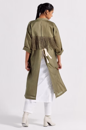 Alternative view of White & olive back tie overlay jacket co-ord Set