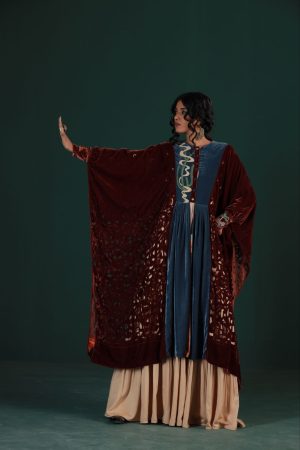 Maroon/Blue Velvet Kaftan