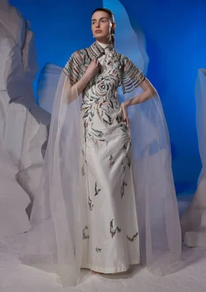 Cotton Silk High-Neck Fitted Kaftan