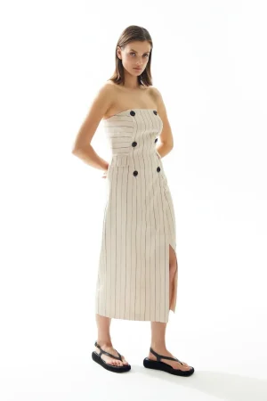Beige Black Striped Strapless Dress