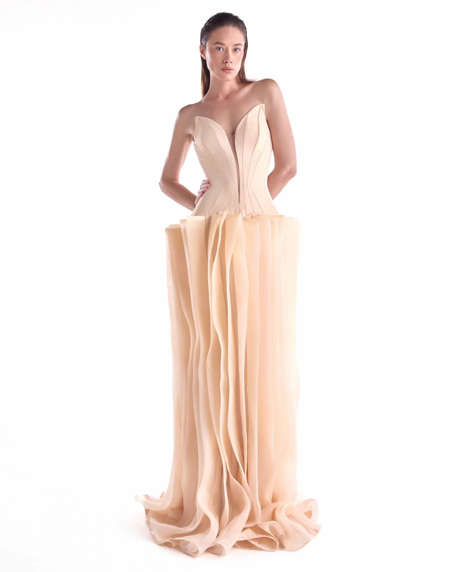 Sculptural Angled Deep-V Gown