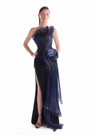 Midnight Blue Pleated Liquid Gown