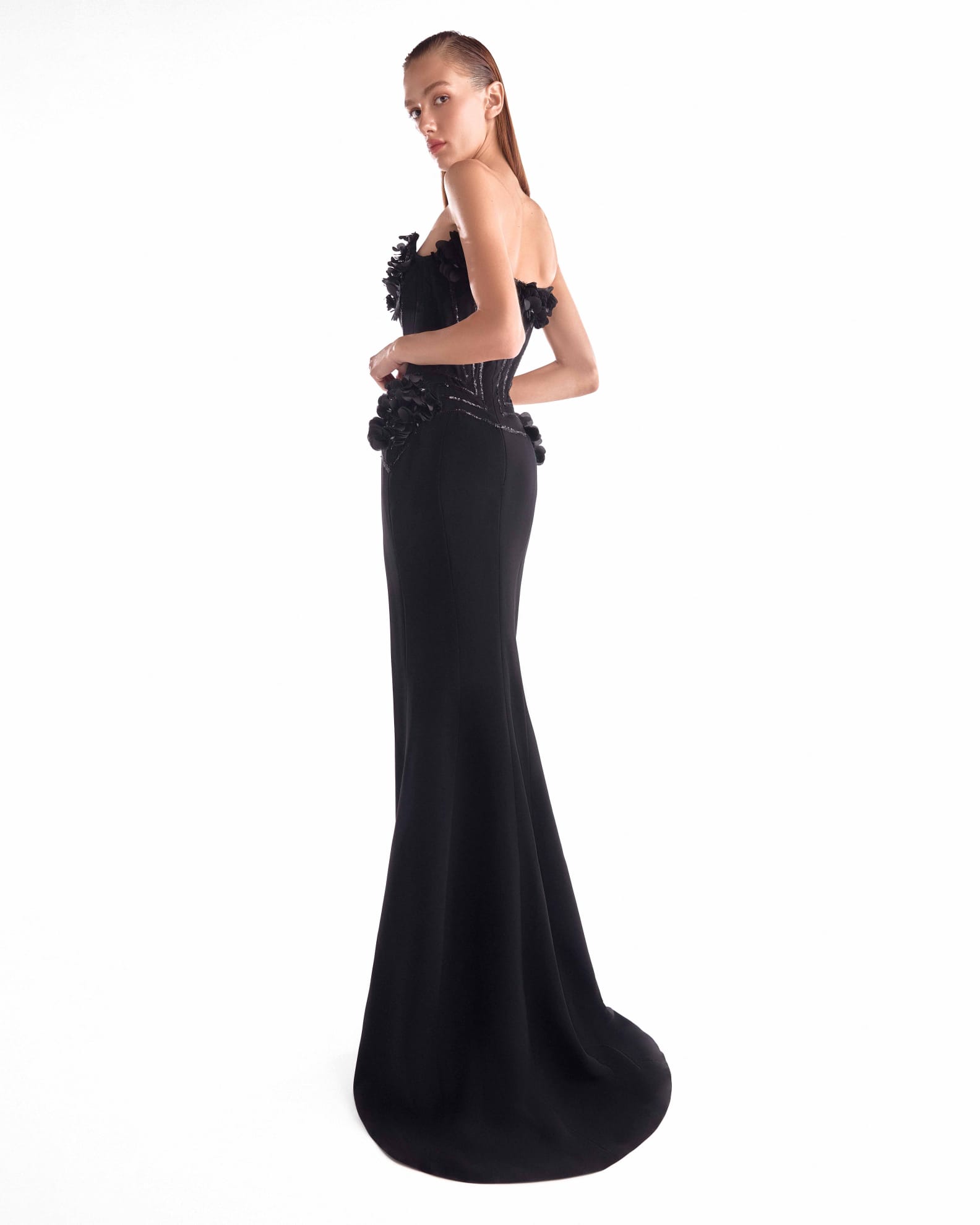 Noir Petal-Embellished Sculpted Corset Gown - Image 3