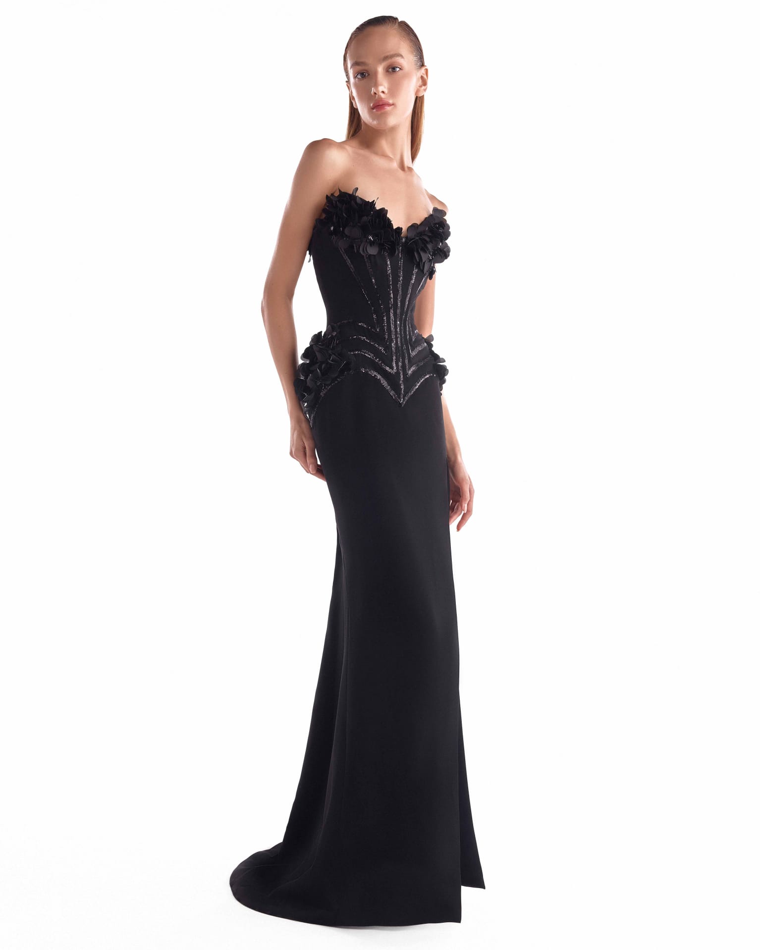 Noir Petal-Embellished Sculpted Corset Gown - Image 4