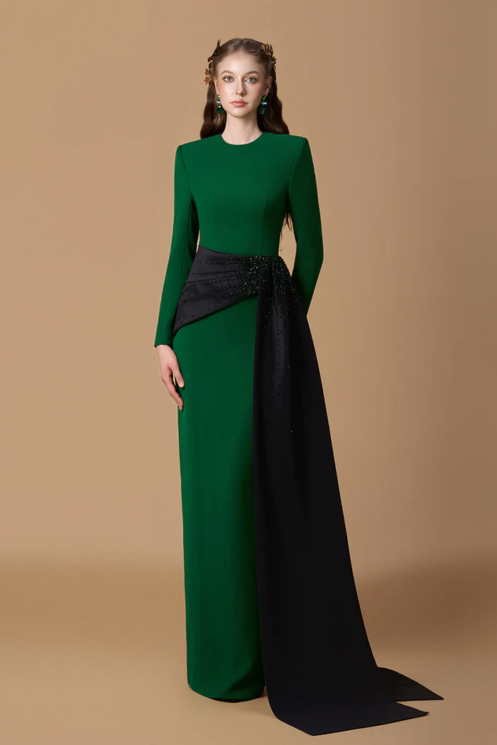 Black/Green Crepe Gown