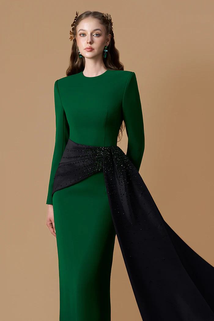 Black/Green Crepe Gown - Image 2