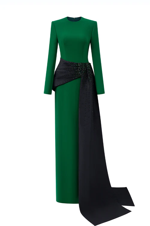 Black/Green Crepe Gown - Image 6