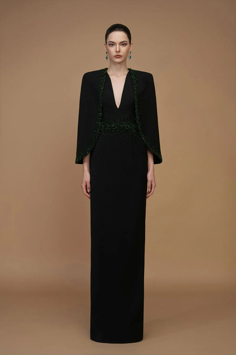 Crepe and Silk Lined Cape Emerald Gown