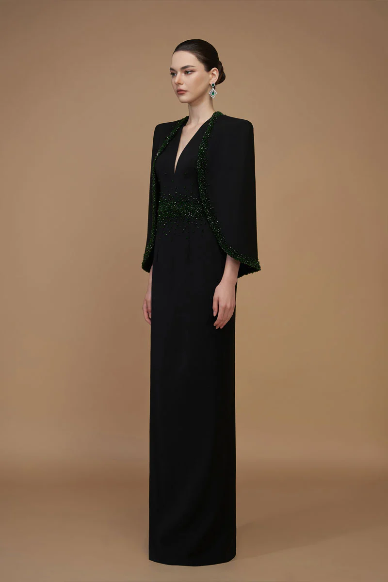 Crepe and Silk Lined Cape Emerald Gown - Image 2