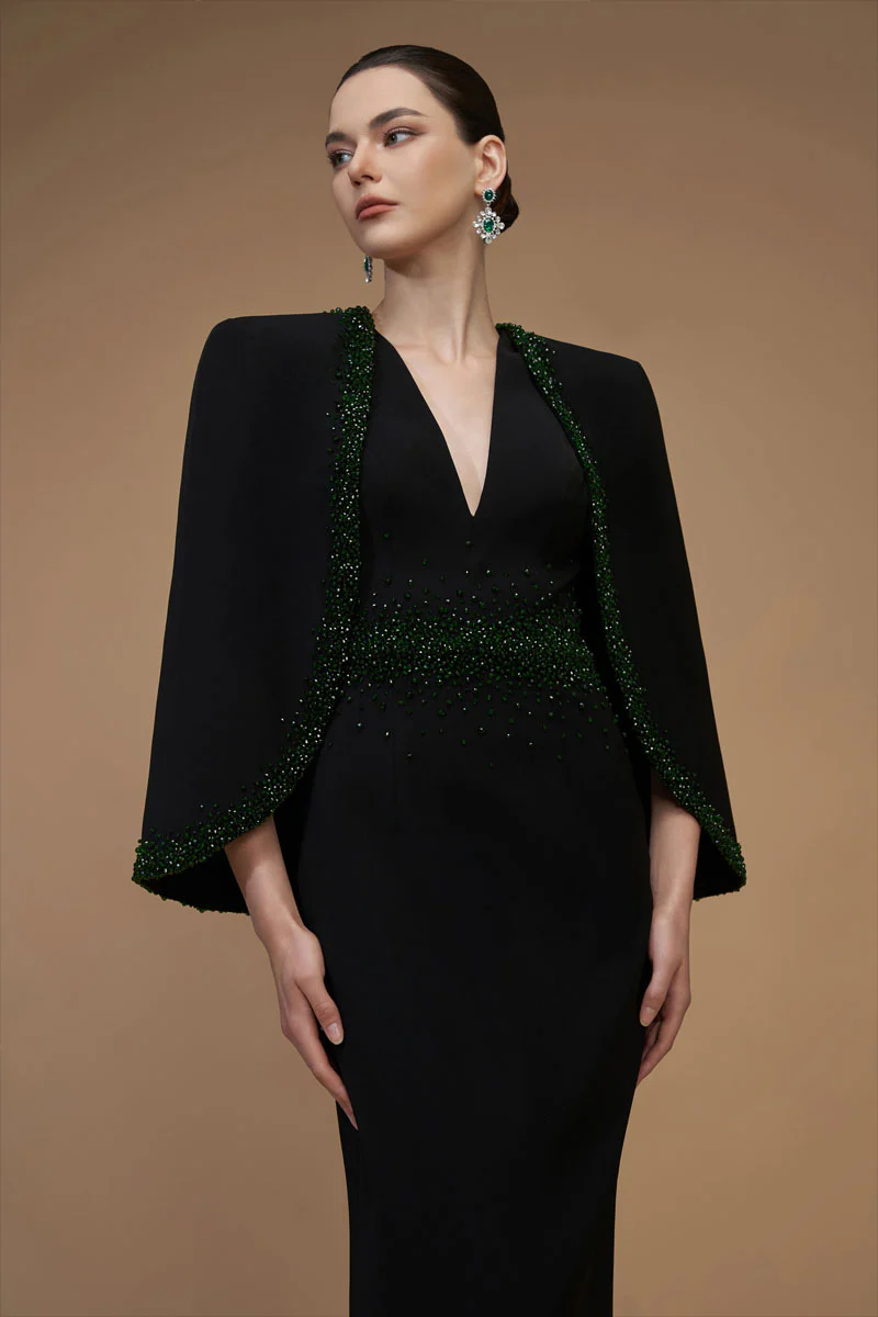 Crepe and Silk Lined Cape Emerald Gown - Image 5