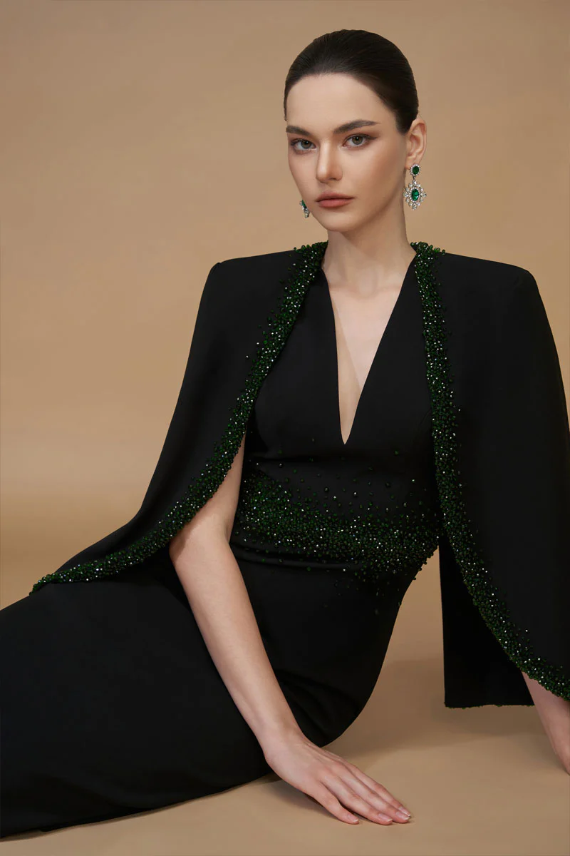 Crepe and Silk Lined Cape Emerald Gown - Image 4