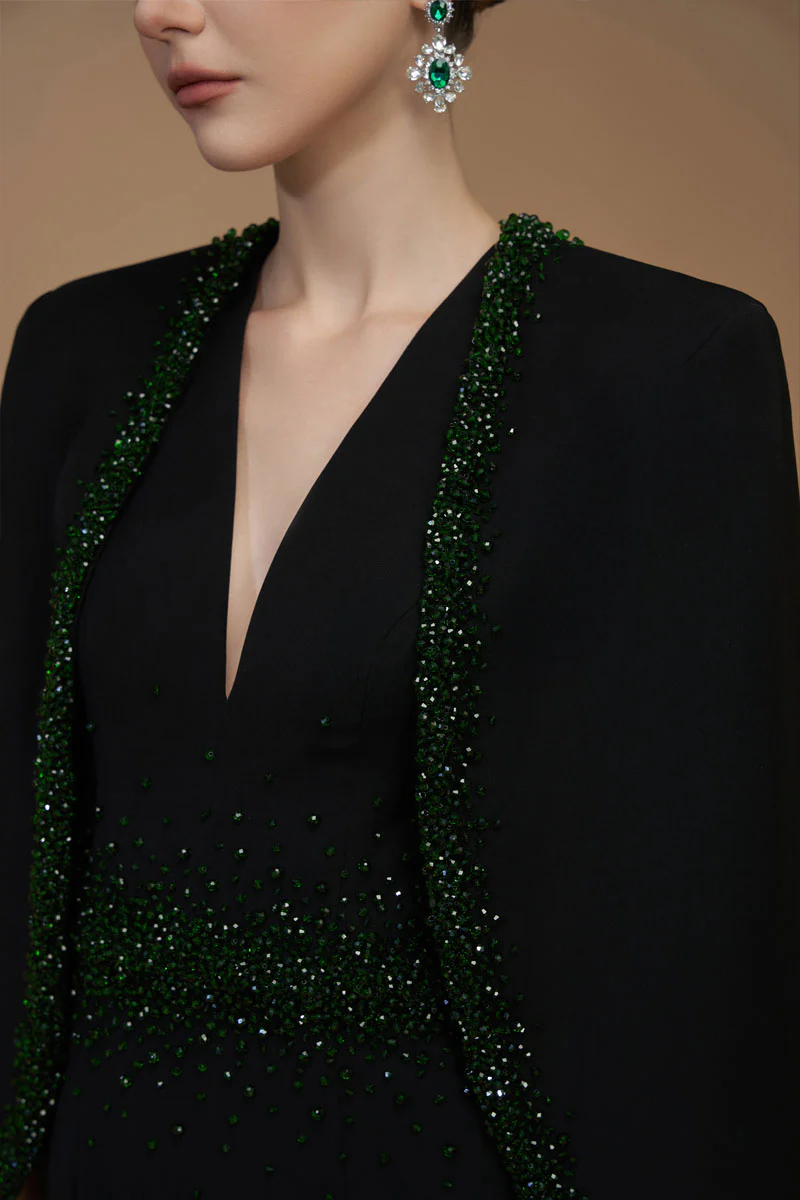 Crepe and Silk Lined Cape Emerald Gown - Image 6