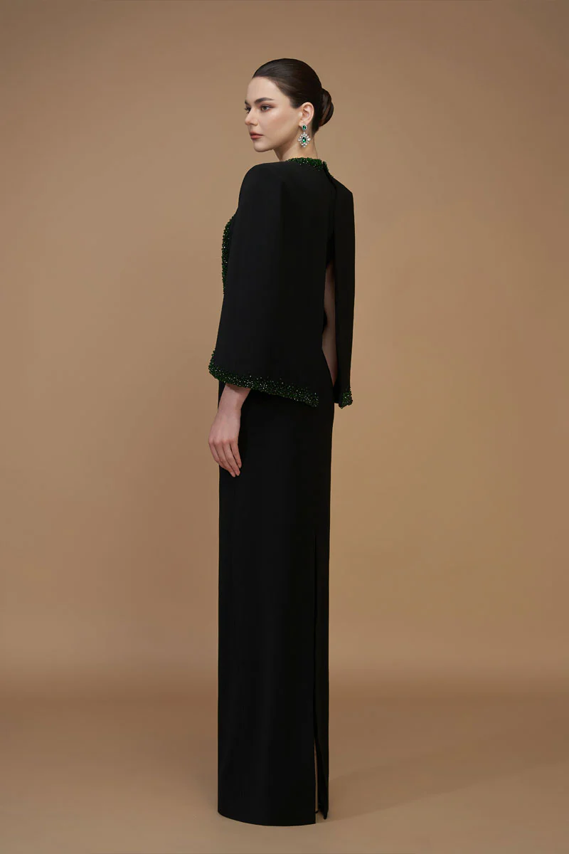 Crepe and Silk Lined Cape Emerald Gown - Image 3