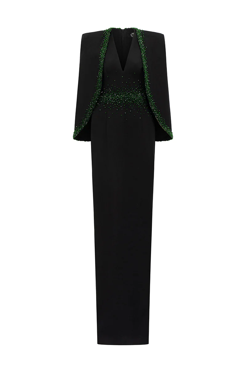 Crepe and Silk Lined Cape Emerald Gown - Image 7