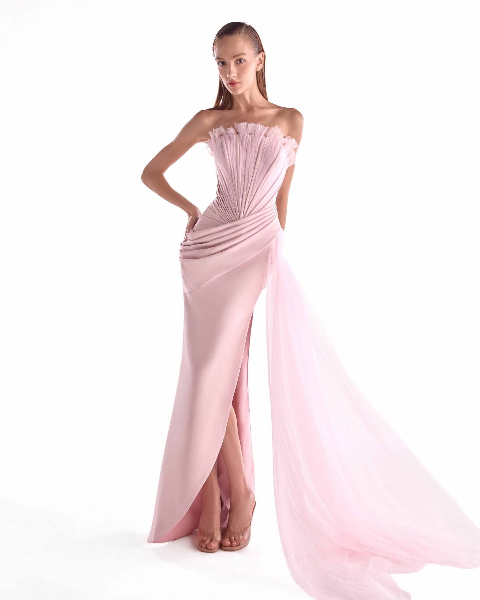 Second-Skin Seduction in Corseted Pink Crepe Gown