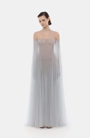 Grey Tulle Off-Shoulder Dress